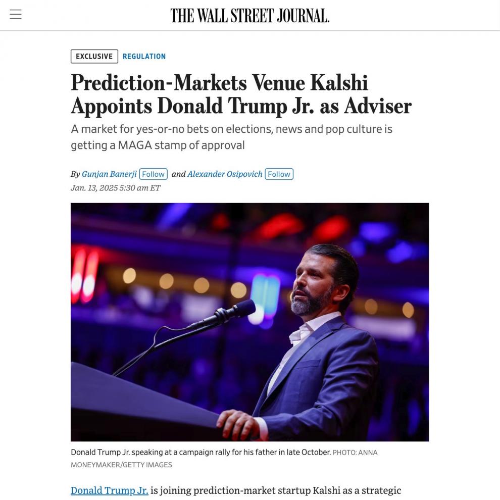 Don Junior, hijo de Donald Trump, nuevo asesor estratégico en la plataforma de Apuestas Kalshi