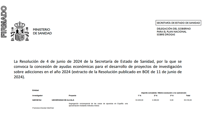 El Gobierno otorga una subvención de 55.318€ a un proyecto sobre 