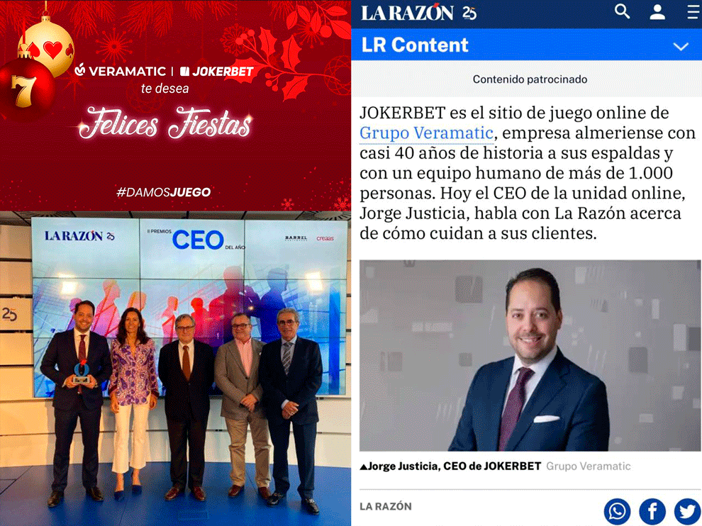 El diario La Razón recoge el balance anual de Veramatic y Jokerbet y recuerda el reconocimiento a Jorge Justicia como ‘CEO del Año’