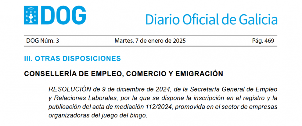 Publicada en el Diario Oficial de Galicia la Resolución sobre el Acta de Mediación en el Sector del Bingo