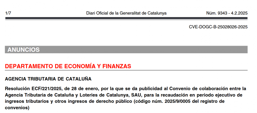 La Agencia Tributaria de Cataluña y Loterías de Cataluña firman Convenio para la Recaudación de Deudas