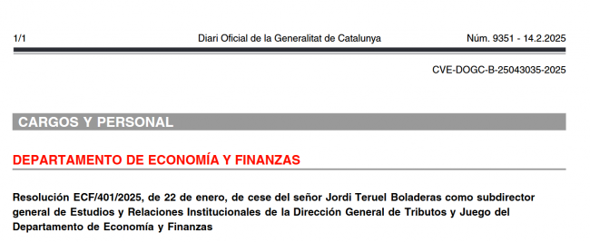 Reestructuración en la Dirección General de Tributos y Juego de Cataluña: Cese de Jordi Teruel hoy en el Diari