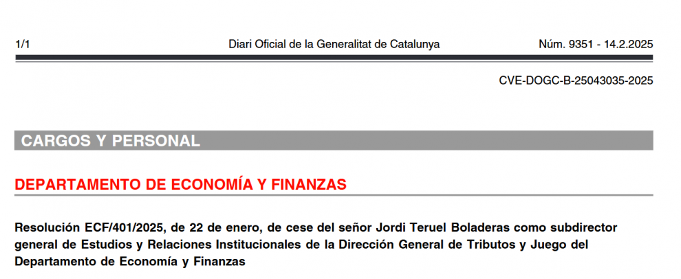 Reestructuración en la Dirección General de Tributos y Juego de Cataluña: Cese de Jordi Teruel hoy en el Diari