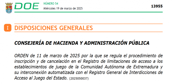 Nueva Orden que regula el acceso a establecimientos de Juego en Extremadura