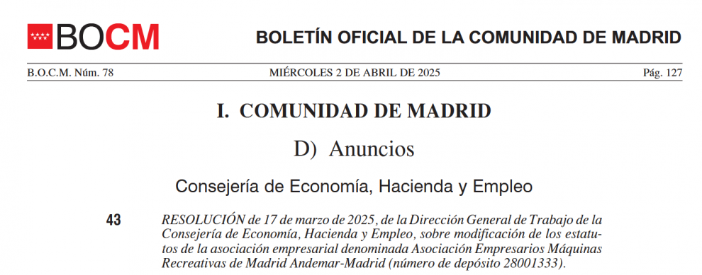 BOLETÍN OFICIAL DE LA COMUNIDAD DE MADRID: Modificación de los estatutos de Andemar-Madrid