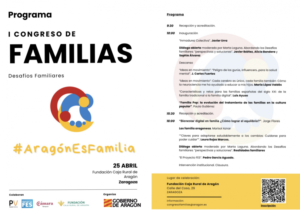 El I Congreso de Familias de Aragón contará con Pedro García Aguado y el Proyecto FES como grandes protagonistas
PROGRAMA COMPLETO