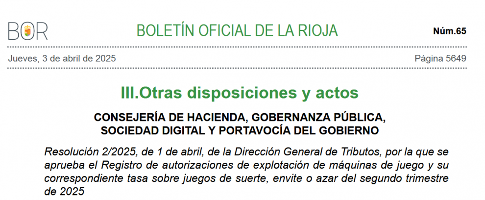 HOY BOLETIN LA RIOJA: Registro de autorizaciones de explotación de máquinas y su
correspondiente tasa