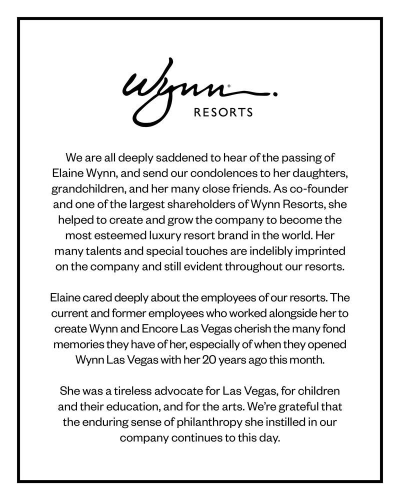 Fallece Elaine Wynn, cofundadora de Wynn Resorts y figura clave del sector del lujo y la filantropía en Las Vegas