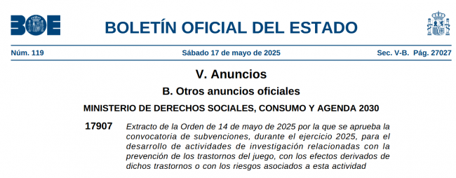 El Gobierno impulsa la investigación en juego responsable con 1,05 millones €.