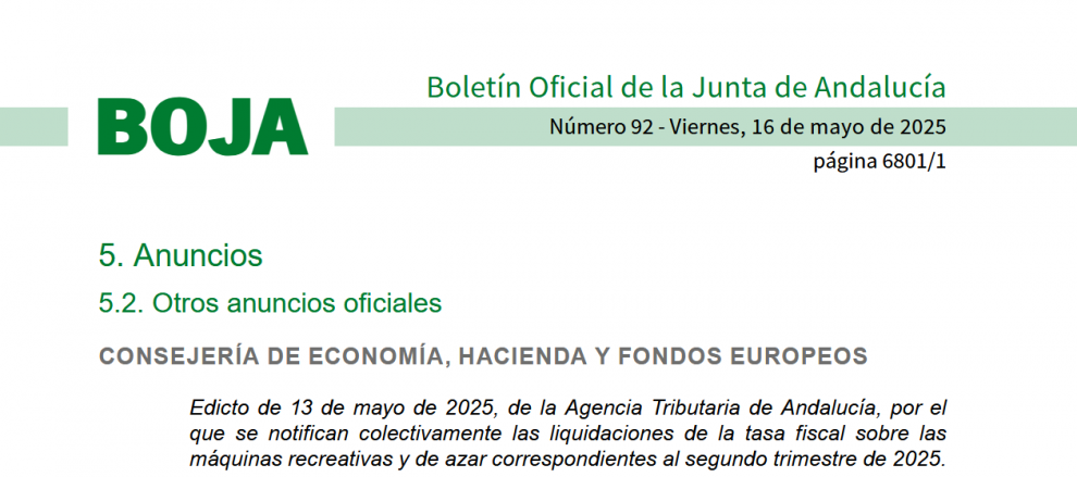 HOY EN EL BOJA: notificación colectiva de las liquidaciones correspondientes al segundo trimestre de 2025 de la tasa fiscal