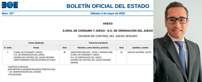 Nombramiento en el BOE: Justo Sancho Alpañes, Director de la División de Control del Juego Seguro