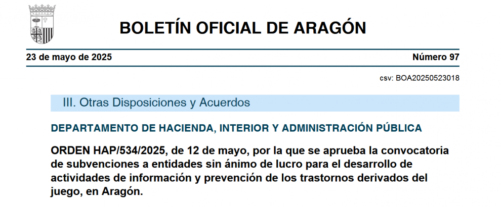 PUBLICADO HOY: Aragón destina 60.000 euros a la prevención del uso del juego de manera problemática
