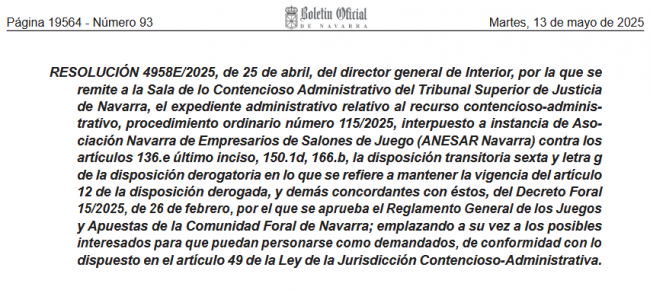 Publicado hoy en el BON: ANESAR impugna el reglamento de juego navarro. Se abre un plazo de nueve días para que los interesados se personen en el proceso.