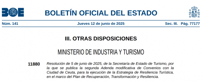 HOY EN EL BOE: Ceuta amplía su acuerdo para reforzar sus proyectos con 10 millones de euros del Plan de Recuperación