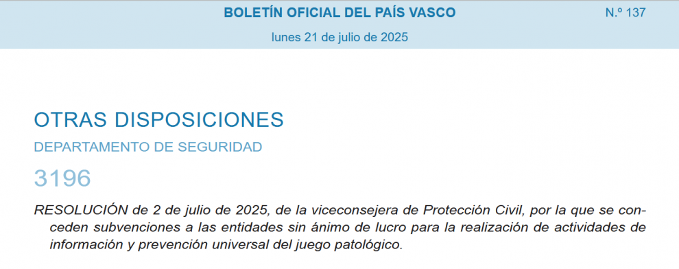 Diez entidades sociales vascas recibirán más de 100.000 euros para proyectos de prevención del uso problemático del juego