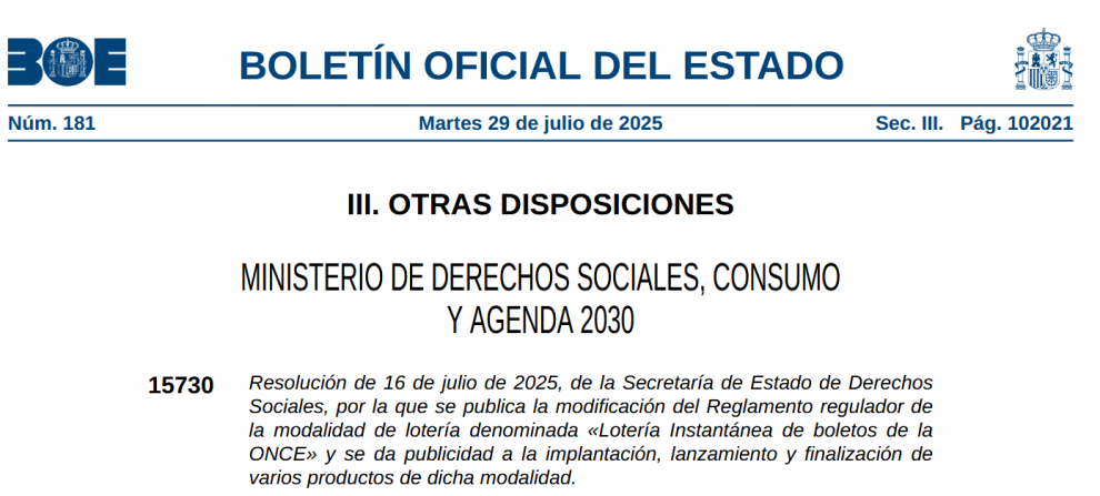 HOY EN EL BOE: Nuevos productos de RASCAS de la ONCE contarán con vigencia indefinida