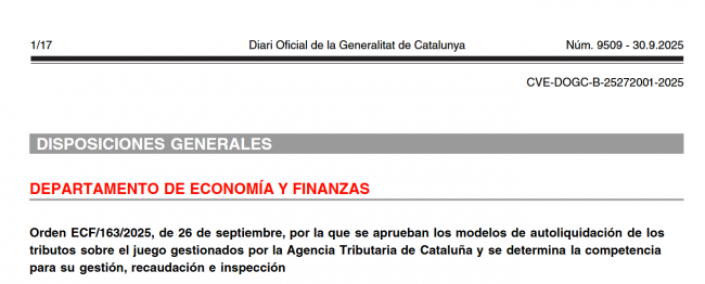 Cataluña unifica en una sola orden la regulación y modelos de autoliquidación de los tributos sobre el juego ante la ampliación de impuestos gestionados por la ATC