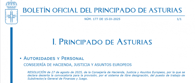 El Principado de Asturias declara desierta la convocatoria para Subdirección General de Finanzas y Juego