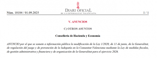 Modificación de la Ley del Juego en la Comunitat Valenciana: consulta pública abierta en septiembre 2025