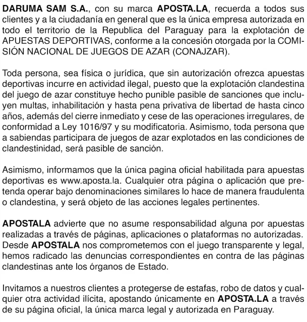 LA PRENSA GENERALISTA DIFUNDE EL AVISO DE DARUMA SAM S.A.: APOSTA.LA ES LA ÚNICA PLATAFORMA LEGAL PARA APUESTAS DEPORTIVAS EN PARAGUAY
