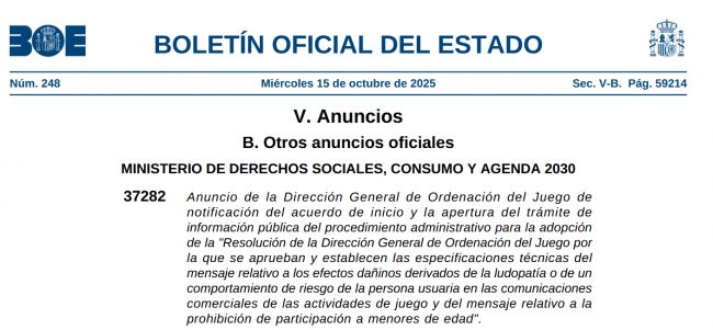 La DGOJ abre el trámite de información pública para aprobar la resolución que definirá los requisitos técnicos de los mensajes esenciales en la publicidad del juego online