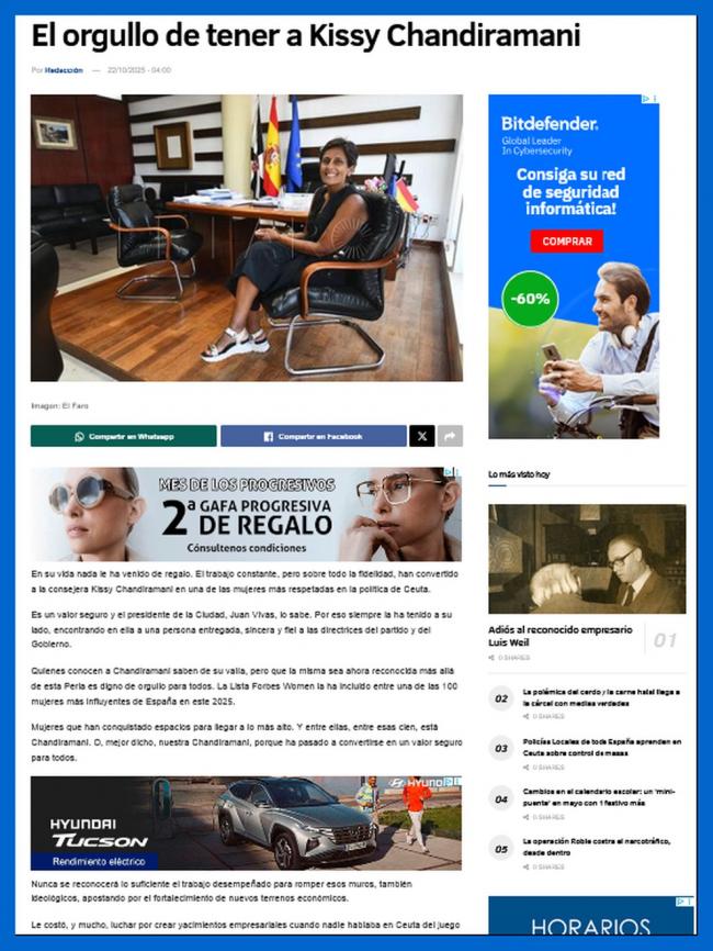 El Faro de Ceuta homenajea a Kissy Chandiramani tras su inclusión en la lista Forbes Women 2025