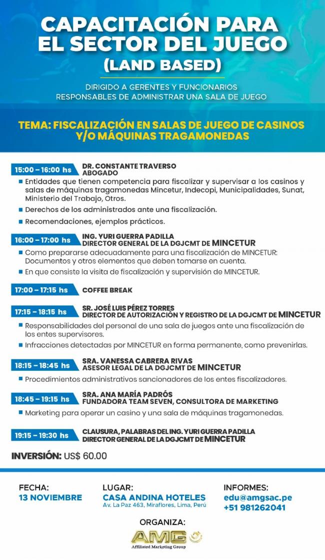 Perú: capacitación clave sobre fiscalización en casinos y máquinas el 13 de noviembre en Lima