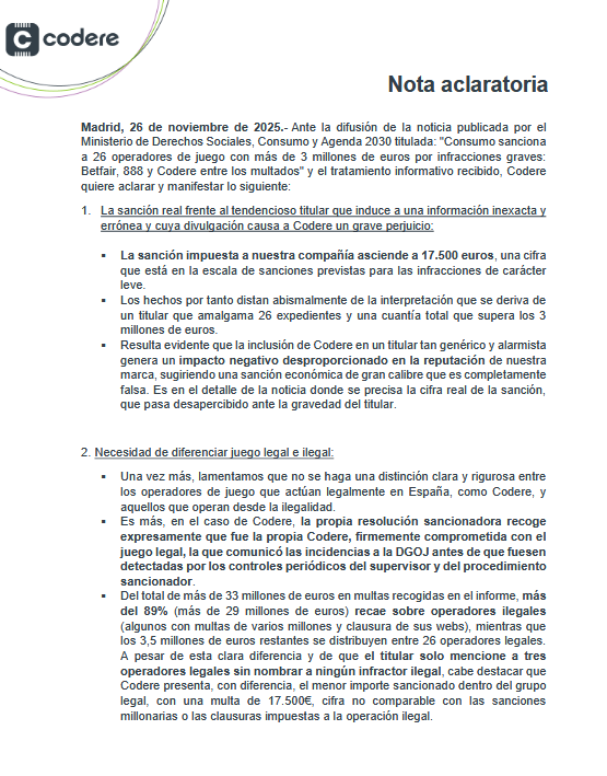 Codere aclara la sanción de Consumo y reclama distinguir entre juego legal e ilegal