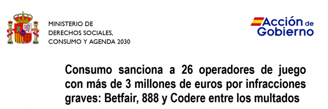 Consumo multa a Betfair, 888 y Codere y bloquea seis webs de juego online por infracciones graves y muy graves