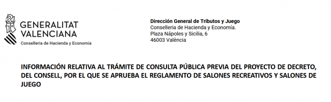 Comunitat Valenciana cierra el 13 de noviembre la consulta pública del nuevo reglamento de salones recreativos y de juego