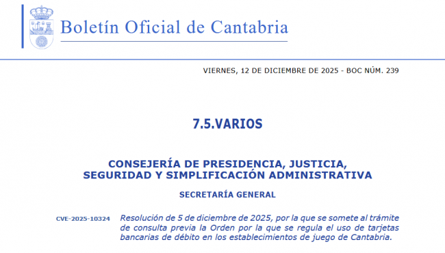 Cantabria consulta la regulación del uso de tarjetas de débito en locales de juego