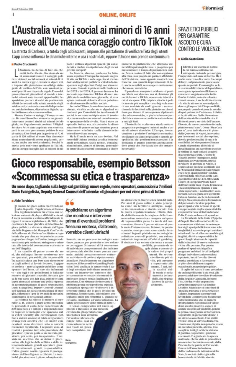 Dario Evangelista (Betsson) destaca en Il Riformista el nuevo marco italiano de juego online como apuesta por ética y transparencia