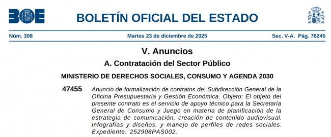 Adjudicado un servicio de apoyo en comunicación y redes para Consumo y Juego por 11.600 €