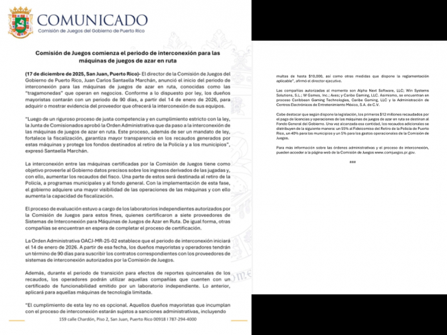 Puerto Rico inicia interconexión de máquinas de juegos de azar en ruta