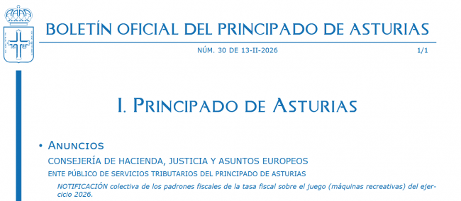 Notificación padrones tasa juego máquinas recreativas 2026