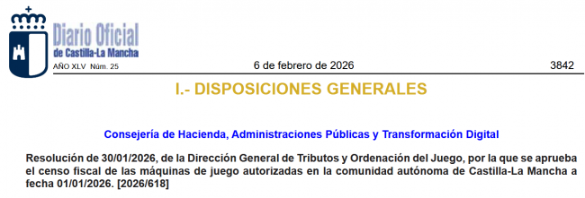Castilla-La Mancha aprueba el censo fiscal de máquinas de juego a 01/01/2026