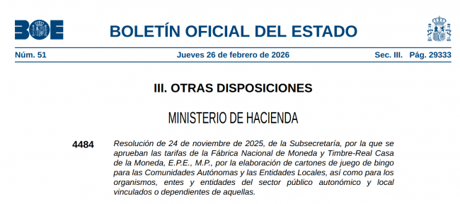 El BOE publica las nuevas tarifas de la FNMT para los cartones de bingo