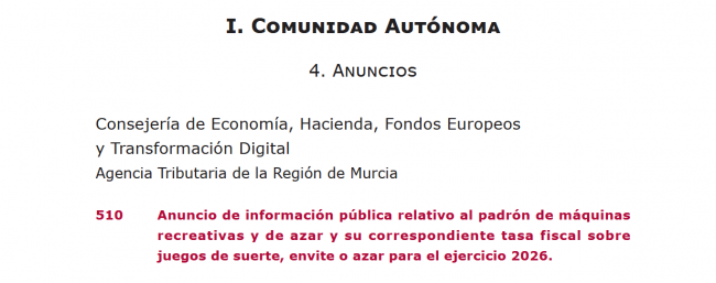 Murcia publica el padrón de máquinas de juego 2026 y calendario de tasas
