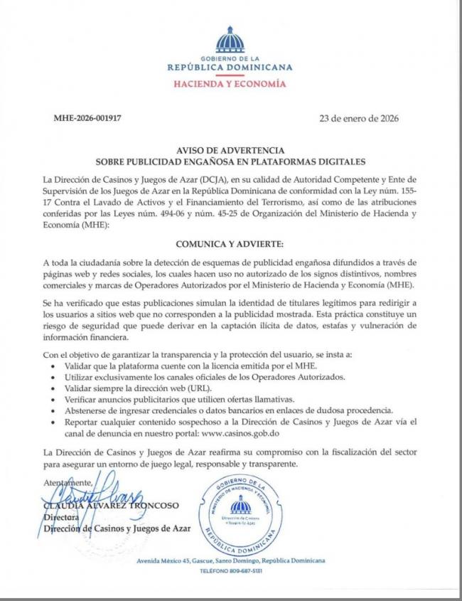 La DCJA alerta sobre webs fraudulentas que suplantan a operadores legales en República Dominicana