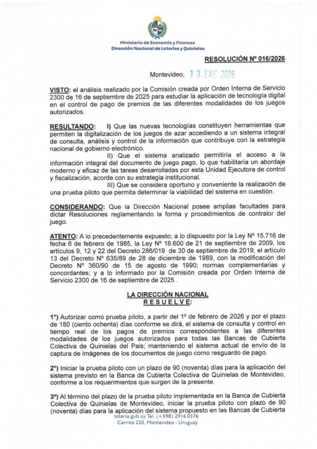 Uruguay inicia el control en tiempo real de premios de lotería (Resolución 016/2026)