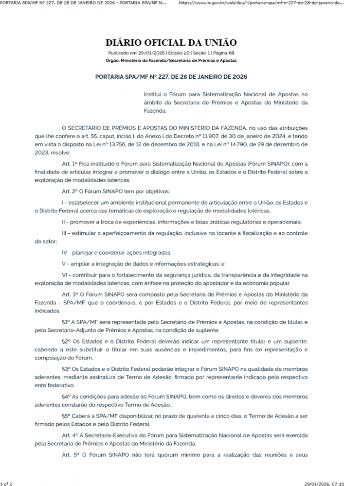 Brasil oficializa el Fórum SINAPO para armonizar la regulación del sector de loterías y apuestas