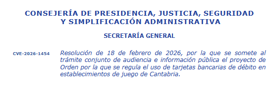 Cantabria abre consulta previa para regular el uso de tarjetas de débito en salones de juego y bingos