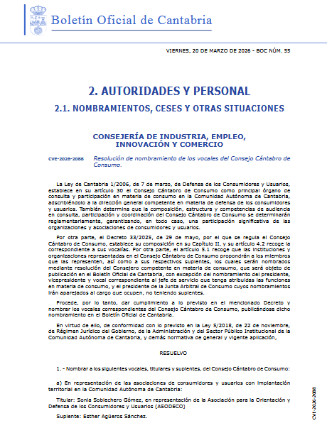 Cantabria nombra el Consejo Cántabro de Consumo y sitúa al área de Juego en su representación