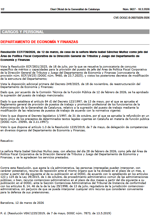 Cataluña cesa a Maria Isabel Sánchez Muñoz en el área de Tributos y Juego