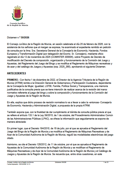 Murcia impulsa el bingo electrónico con un nuevo paso regulatorio clave