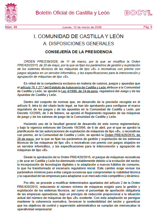 Castilla y León modifica la regulación de las máquinas tipo B con juegos en servidor