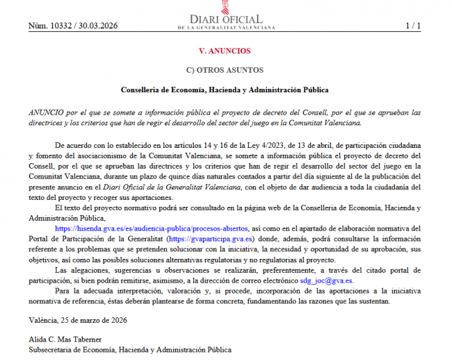 La Comunitat Valenciana abre a información pública el decreto que marcará el sector del juego