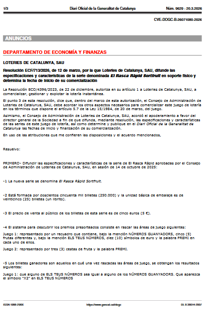 Loteries de Catalunya lanzará Sortfruit el 24 de marzo con premio de 100.000 euros