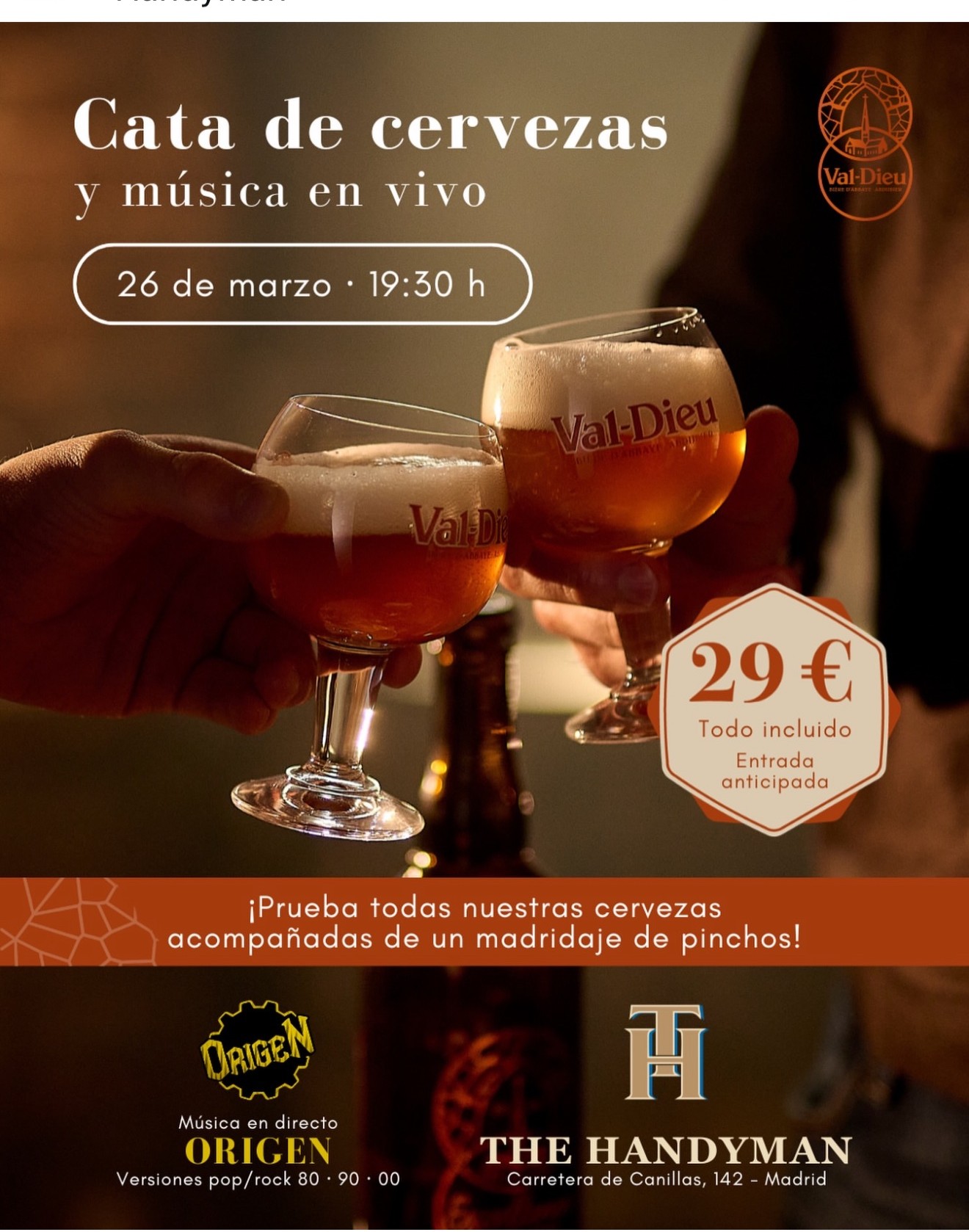 Val-Dieu organiza una cata de cervezas con música en vivo el 26 de marzo en Madrid