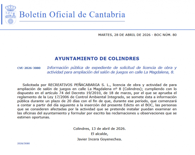 Colindres somete a información pública la ampliación de un salón de juegos en Cantabria